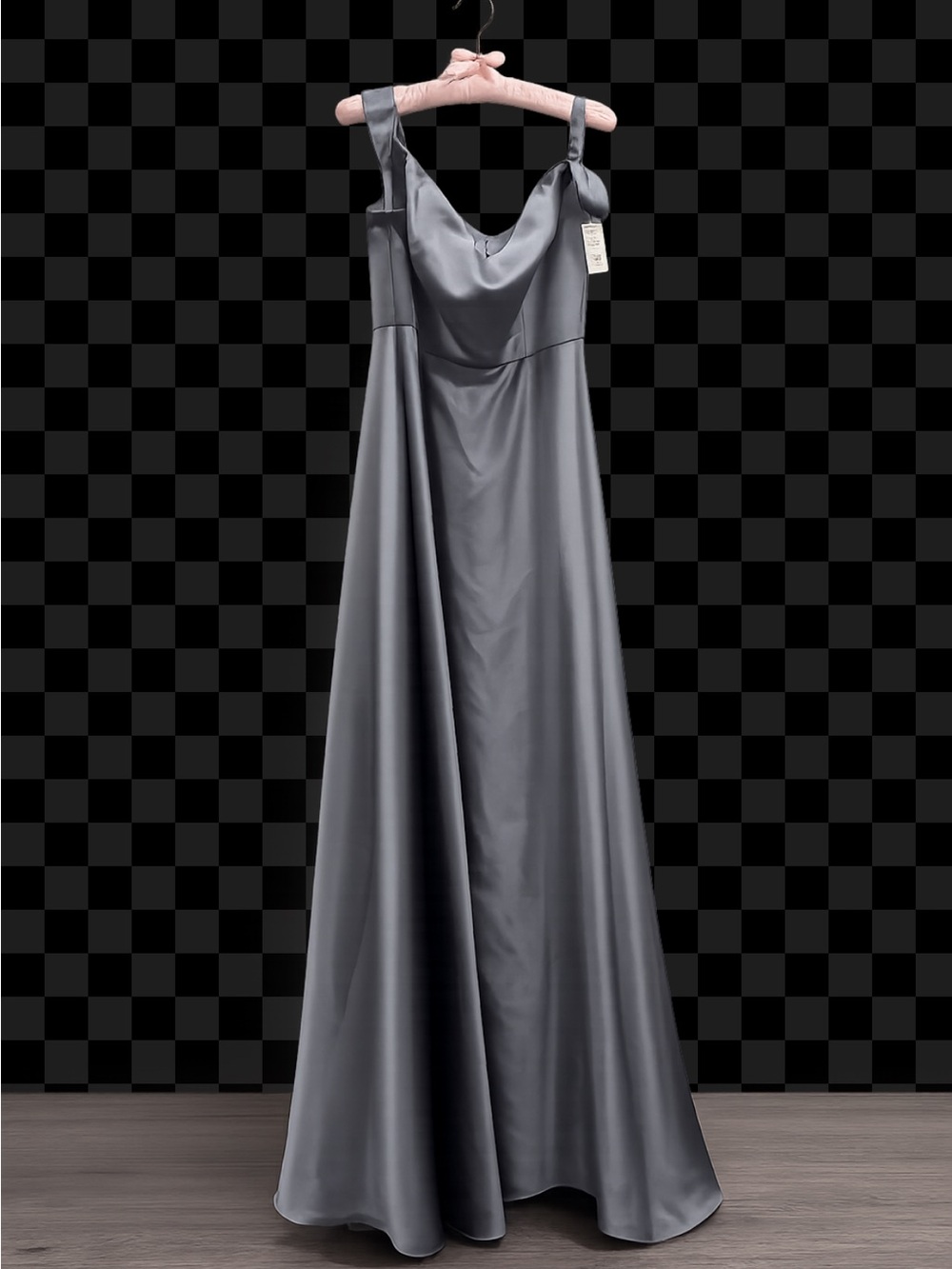 David's Bridal Slate Gray Satin Maxi Dress with Draped Neckline